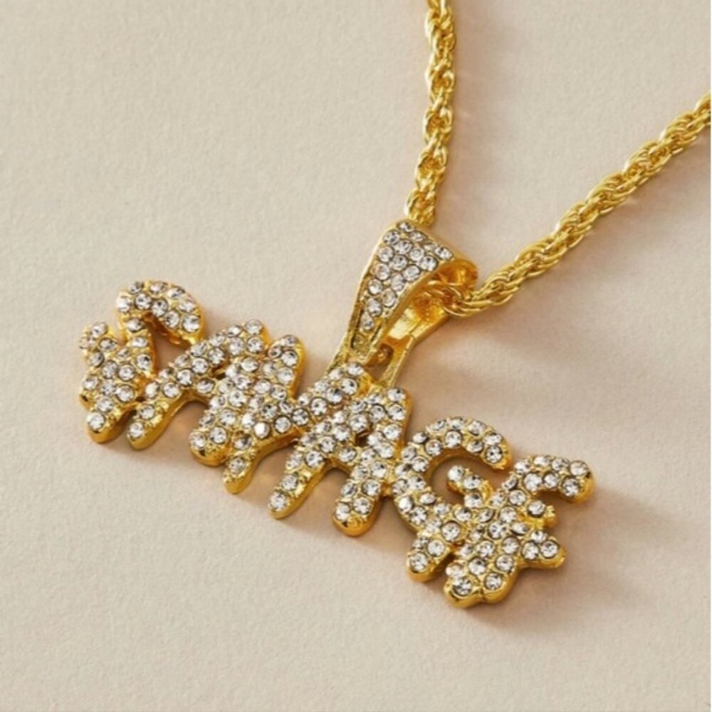 Gold Rhinestone SAVAGE Rope Chain Necklace Eighties Bling Sexy Baddie Glam
